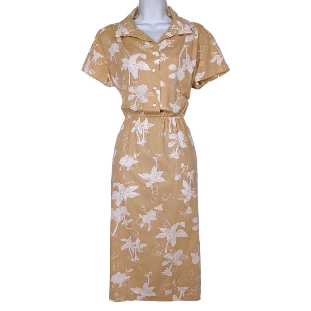 VTG MONTGOMERY WARD Tan White Floral Print Short Sleeve Midi Dress 14